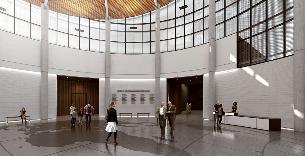 An interior rendering of the gallery side of the National Mounted Warrior Museum.